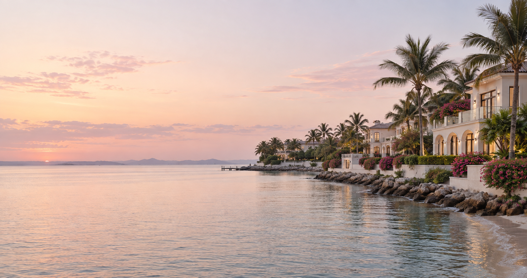 Elegant waterfront homes in soft evening light